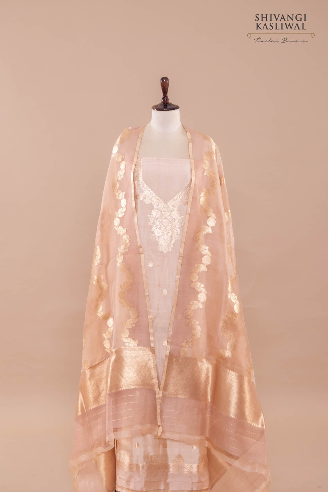 Beige Handwoven Banarasi Silk Suit Piece