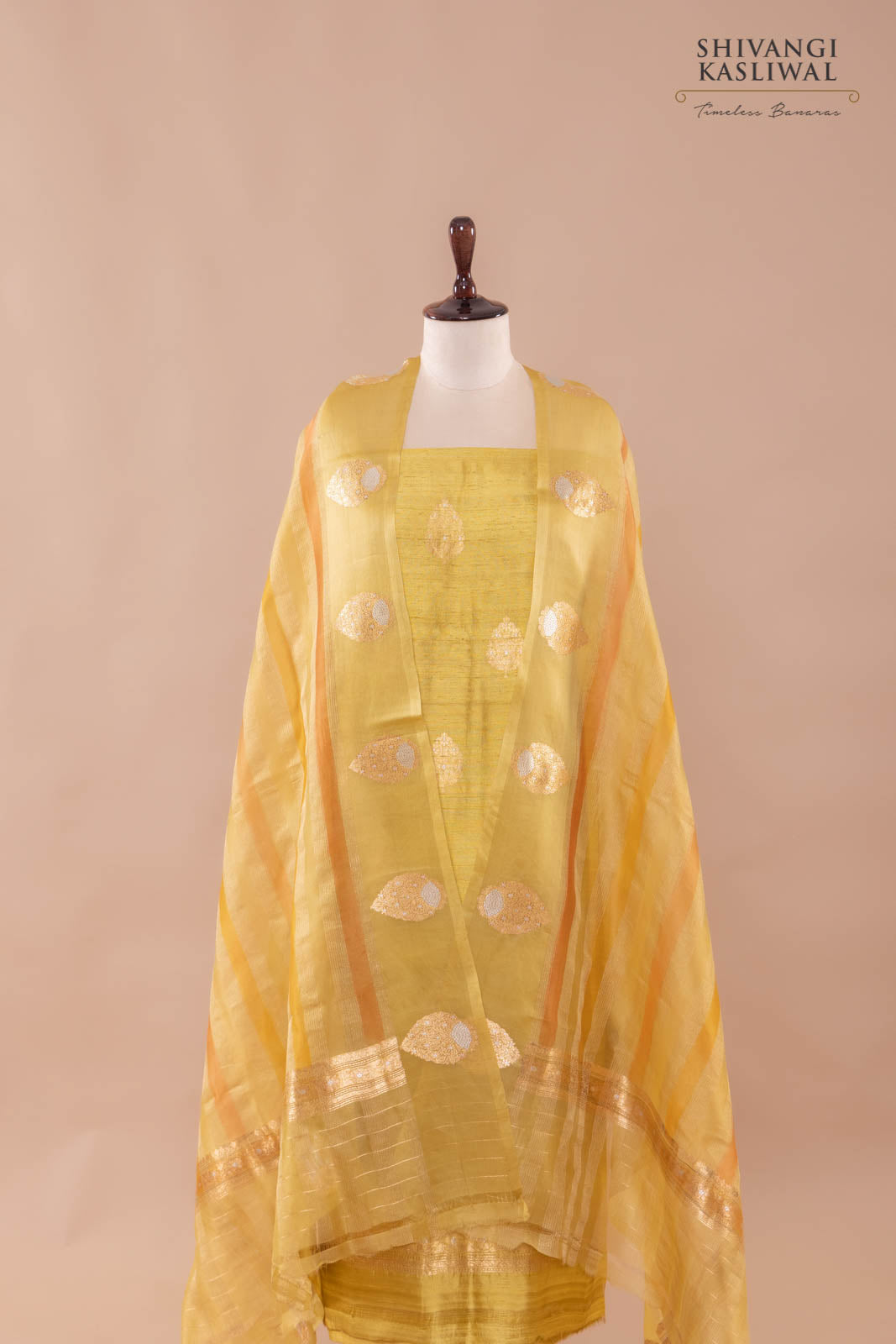 Yellowish Green Handwoven Banarasi Raw Silk Suit Piece