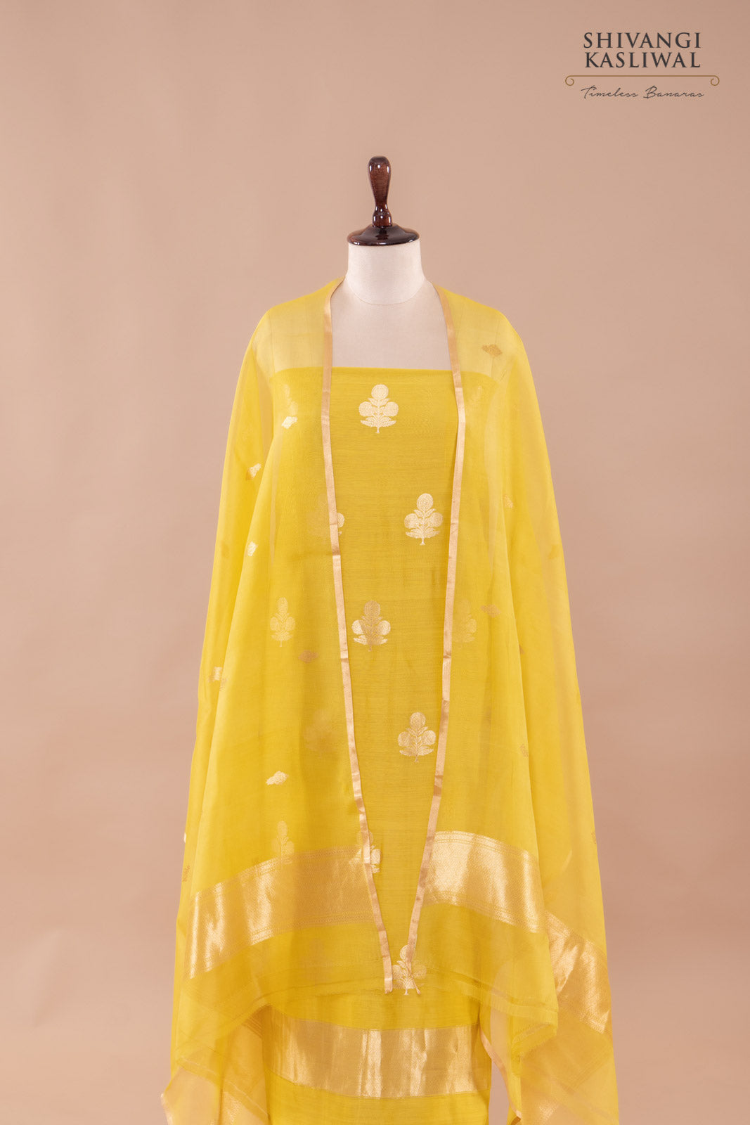 Yellow Handwoven Banarasi Chiniya Silk Suit Piece
