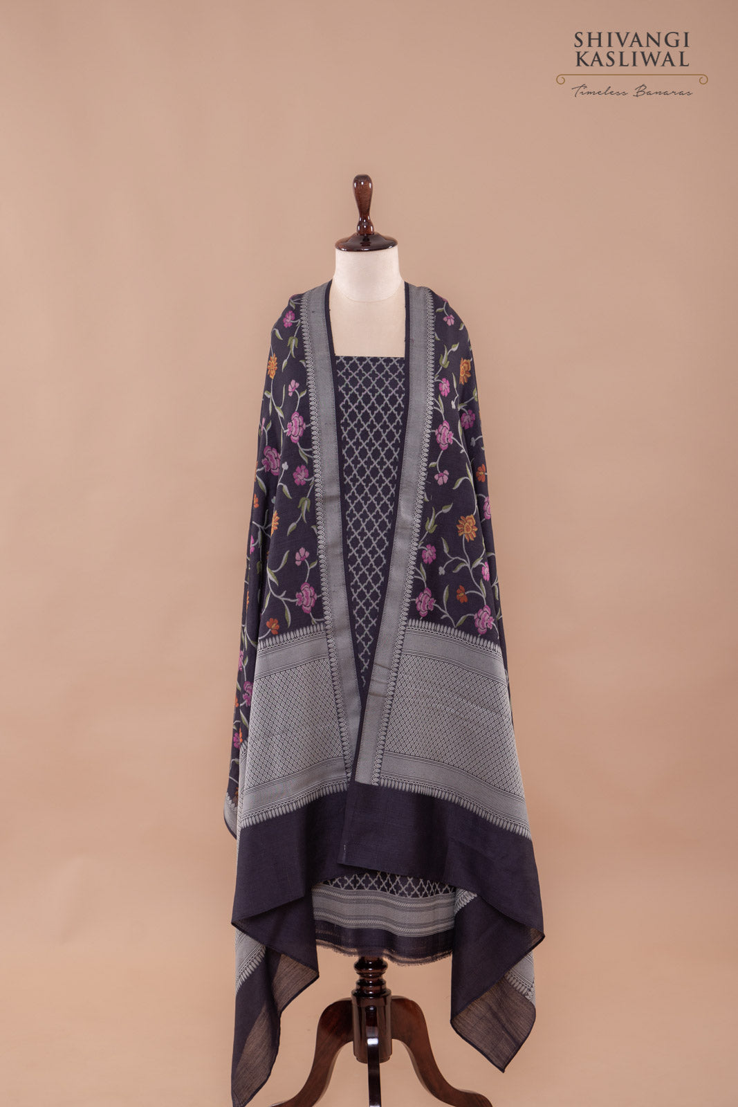 Black Handwoven Banarasi Moonga Silk Suit Piece