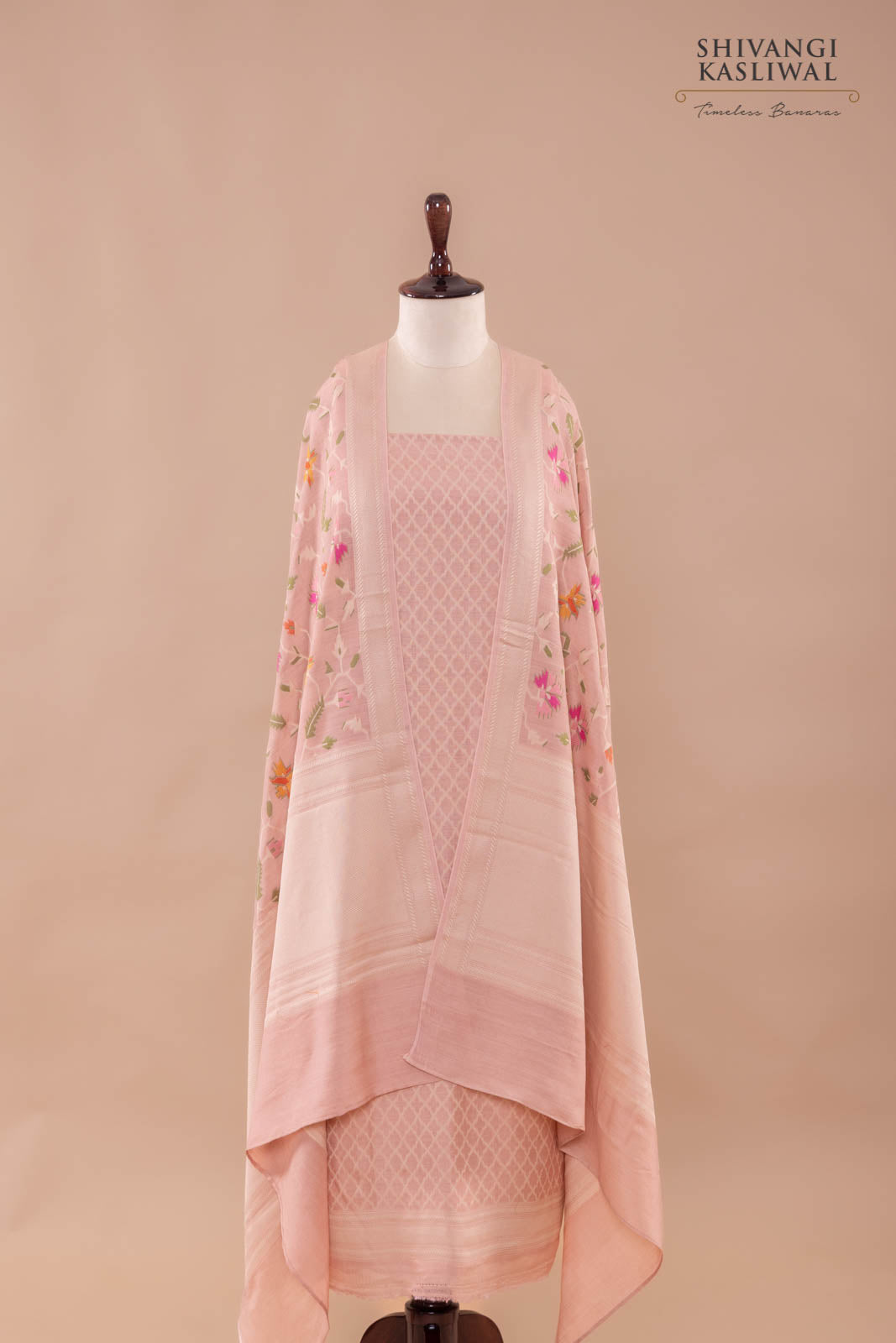 Peach Pink Handwoven Banarasi Moonga Silk Suit Piece