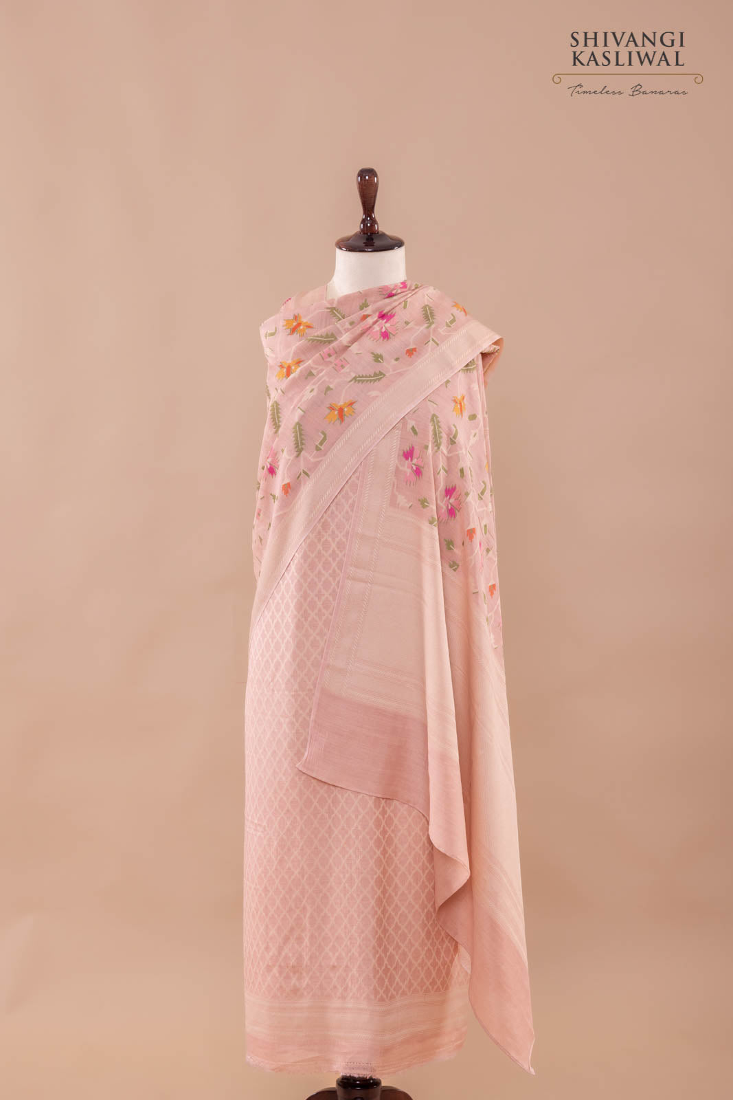 Peach Pink Handwoven Banarasi Moonga Silk Suit Piece
