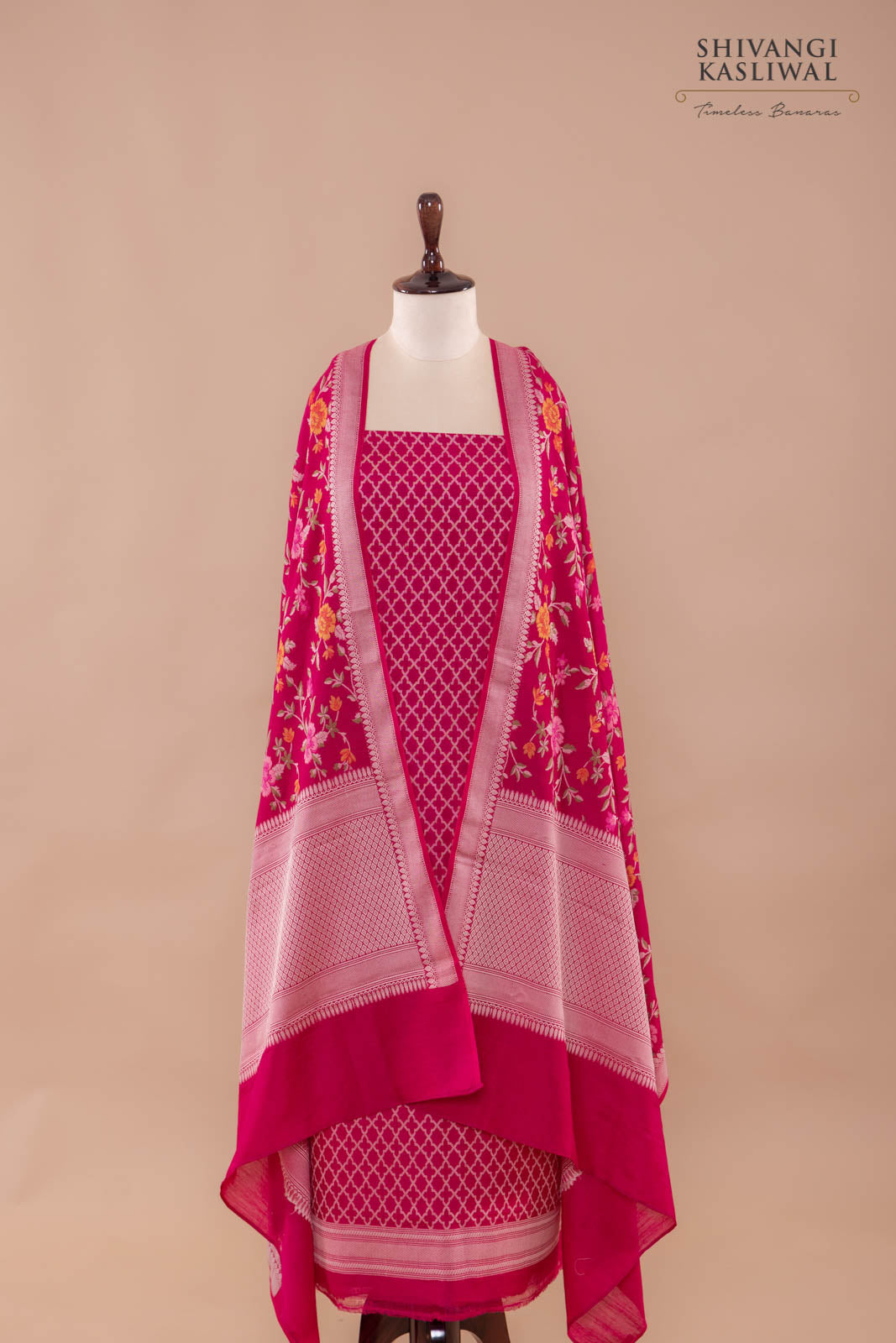Fuchsia Pink Handwoven Banarasi Moonga Silk Suit Piece