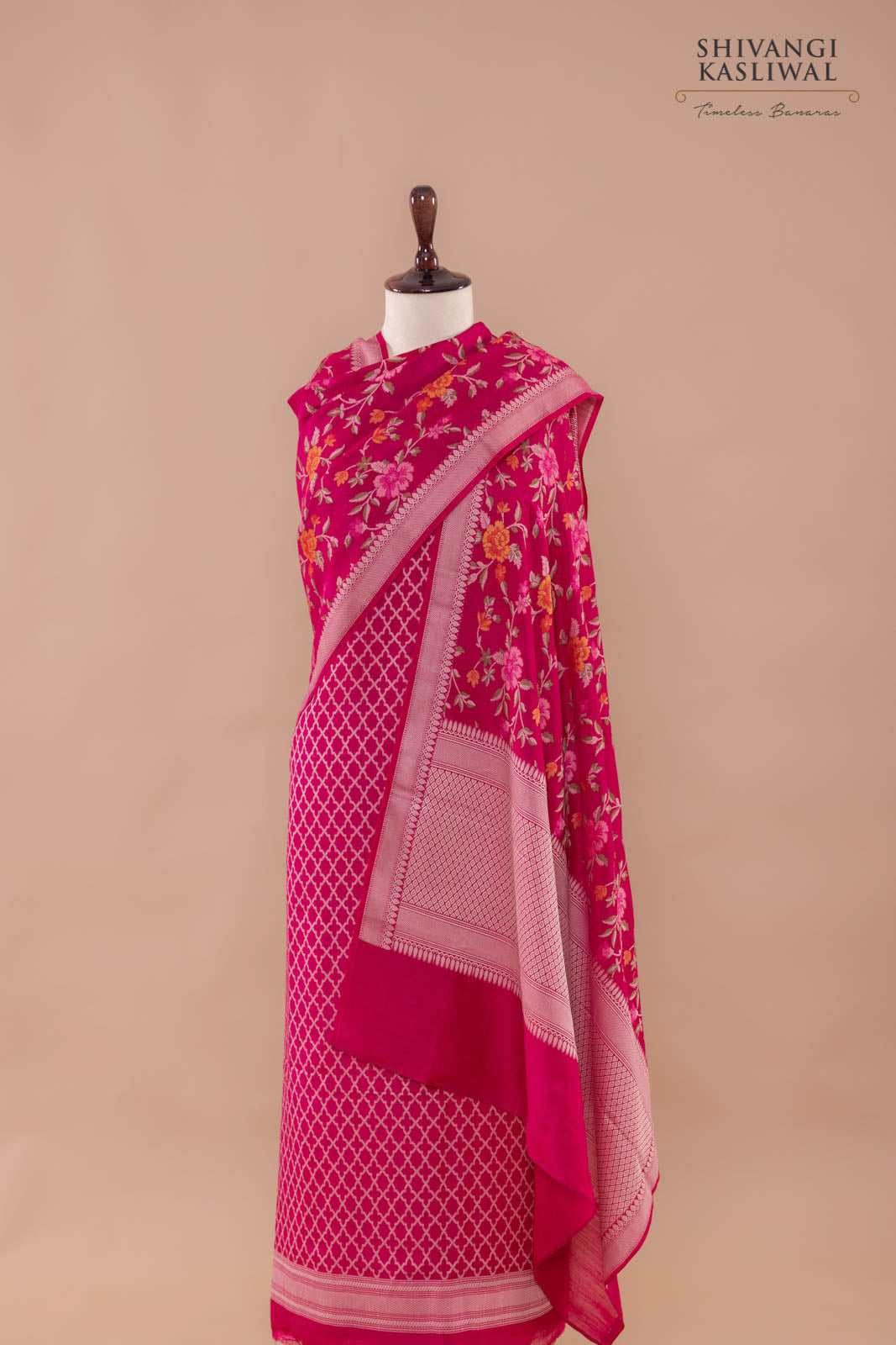Fuchsia Pink Handwoven Banarasi Moonga Silk Suit Piece
