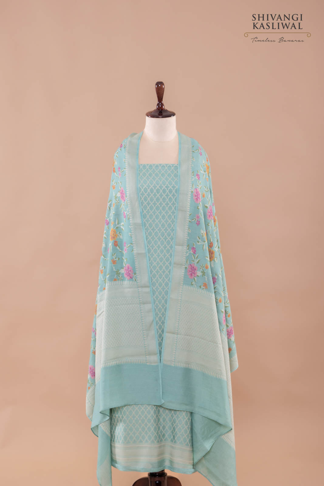 Powder Blue Handwoven Banarasi Moonga Silk Suit Piece
