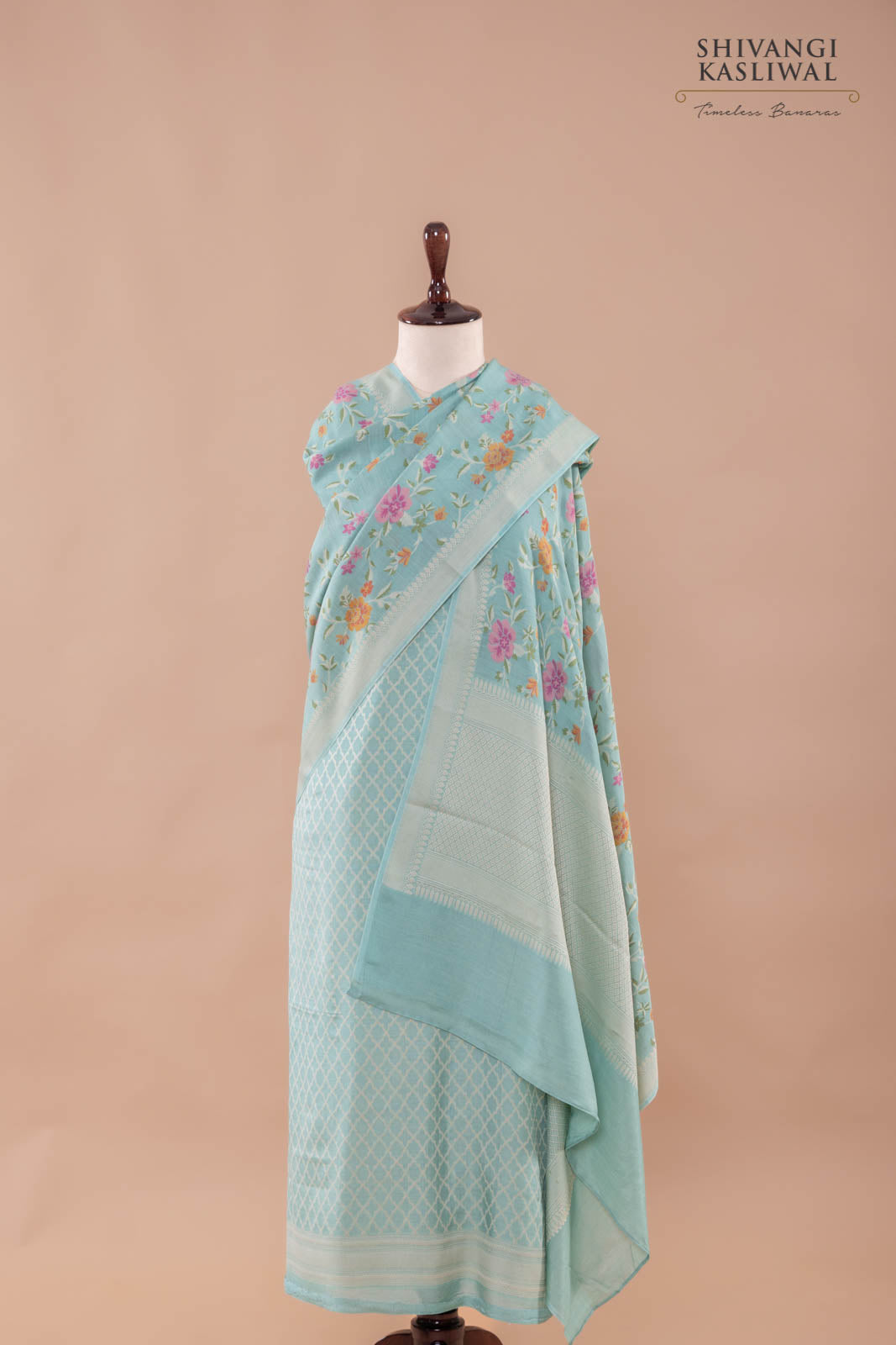 Powder Blue Handwoven Banarasi Moonga Silk Suit Piece