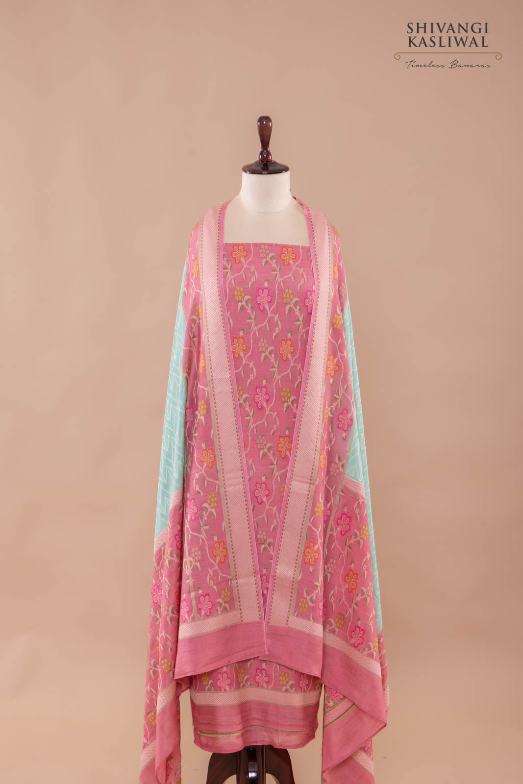 Pink Handwoven Banarasi Moonga Silk Suit Piece