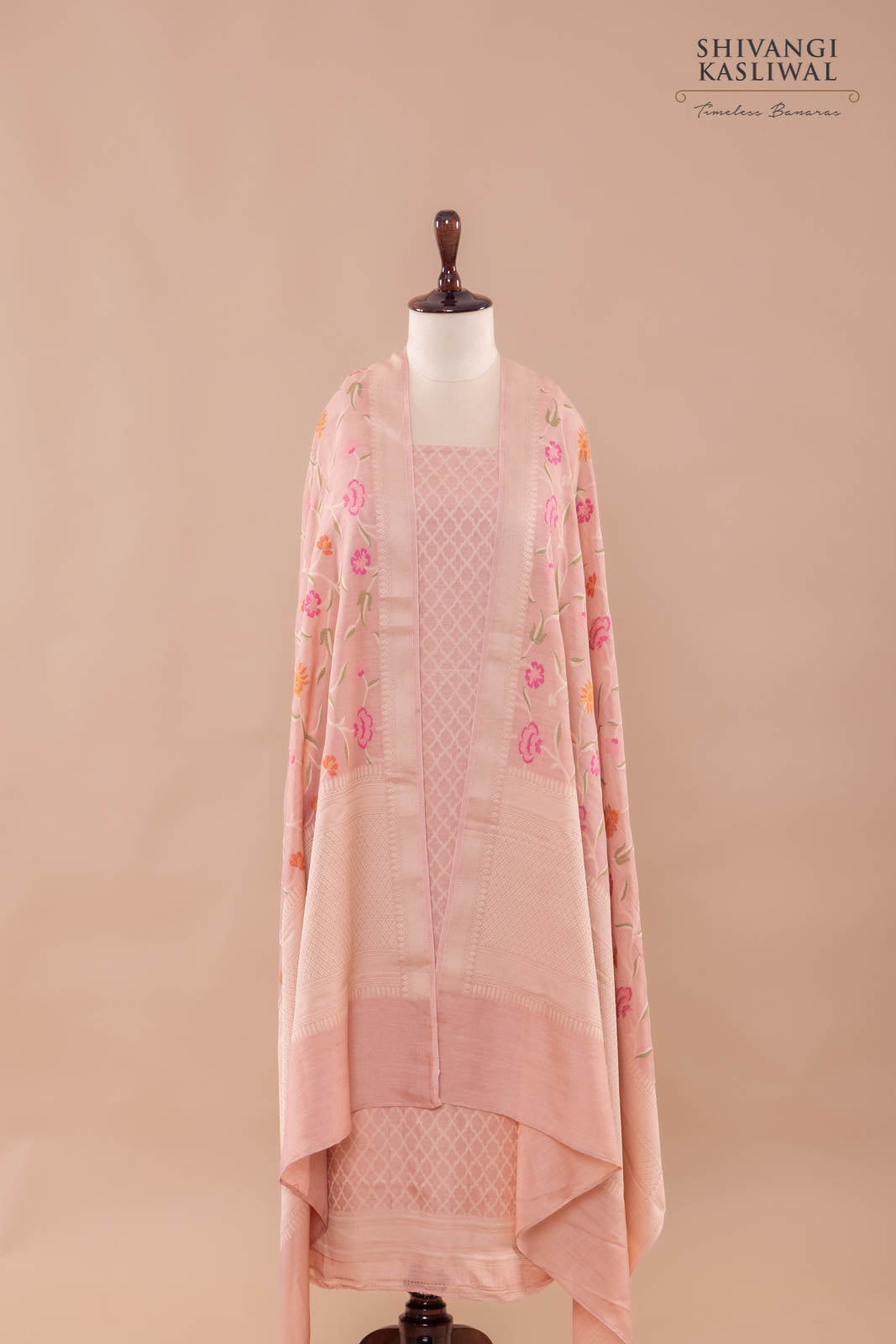 Peach Pink Handwoven Banarasi Moonga Silk Suit Piece