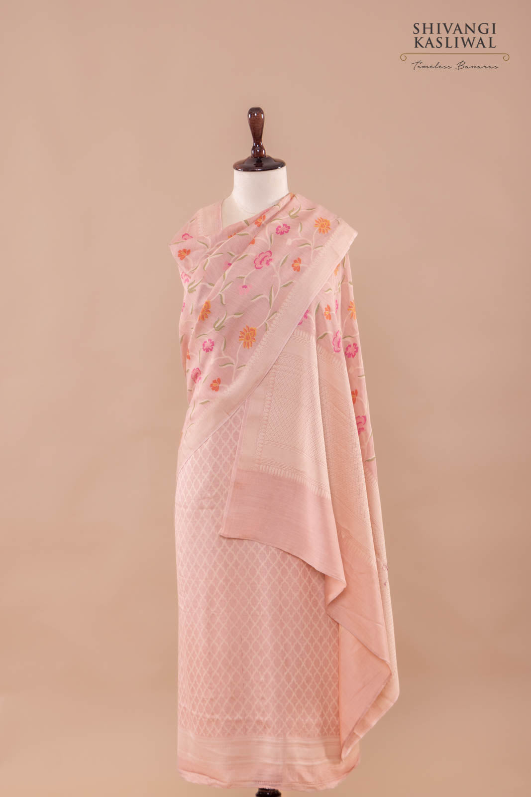Peach Pink Handwoven Banarasi Moonga Silk Suit Piece