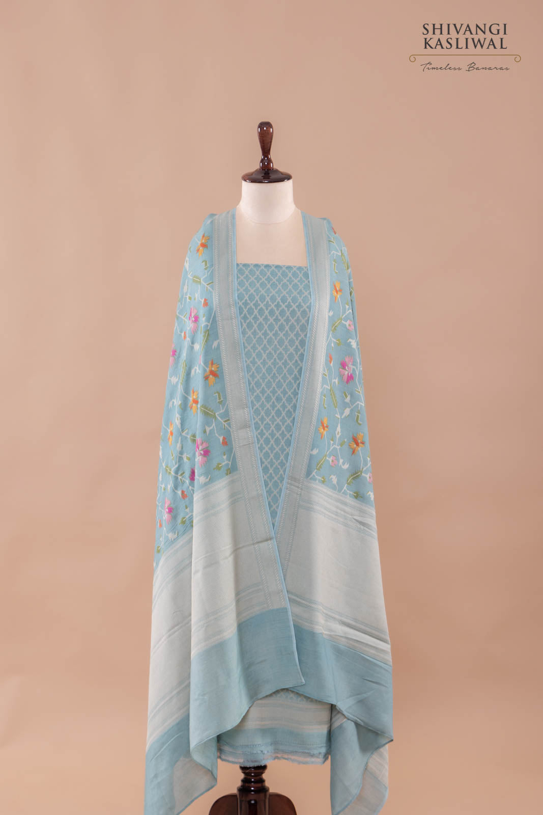 Powder Blue Handwoven Banarasi Moonga Silk Suit Piece