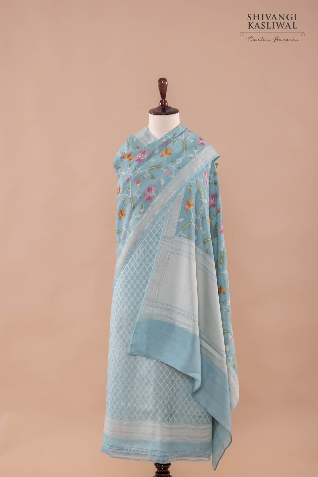 Powder Blue Handwoven Banarasi Moonga Silk Suit Piece