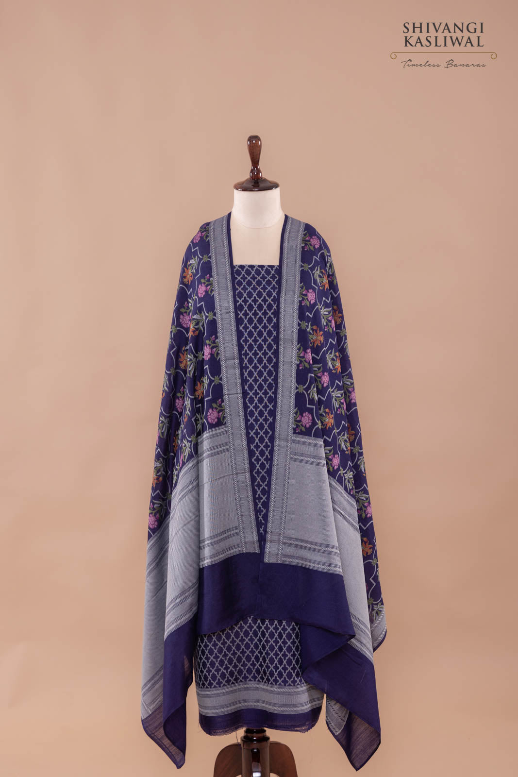 Navy Blue Handwoven Banarasi Moonga Silk Suit Piece