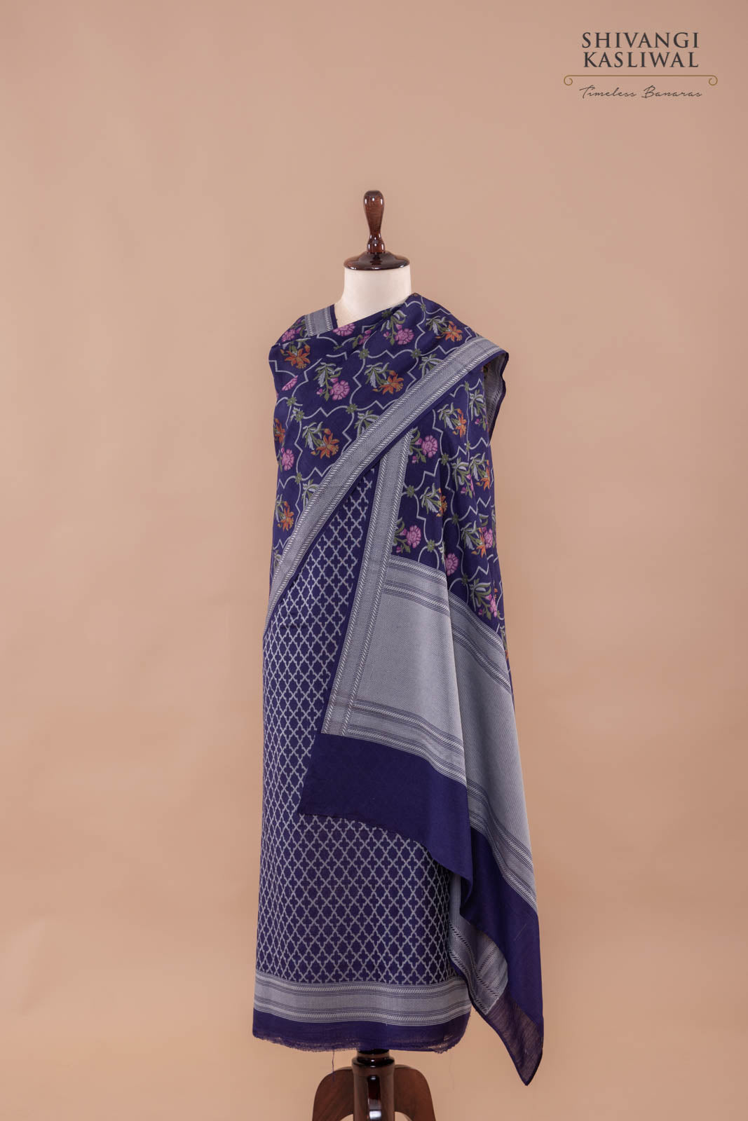 Navy Blue Handwoven Banarasi Moonga Silk Suit Piece