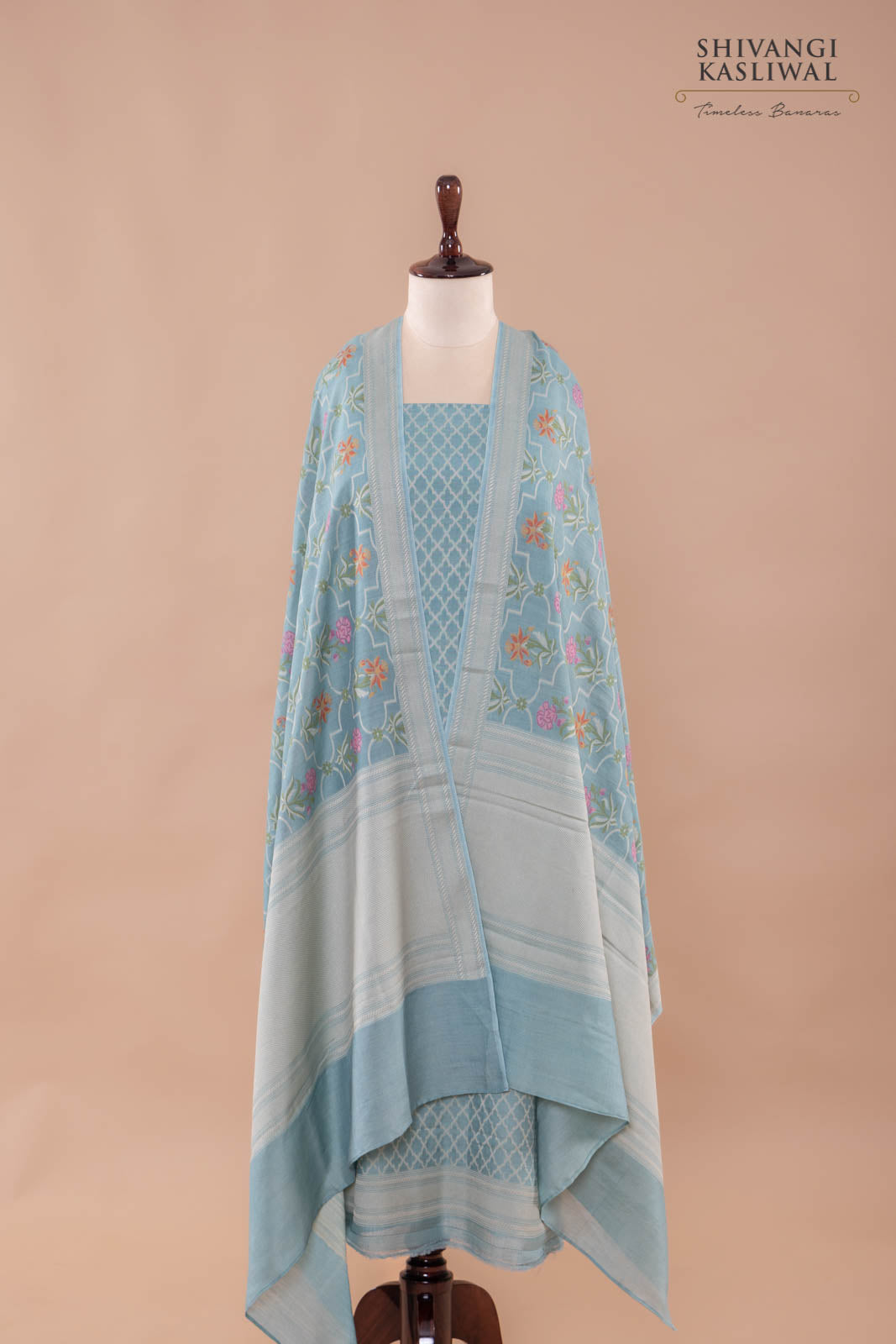 Powder Blue Handwoven Banarasi Moonga Silk Suit Piece