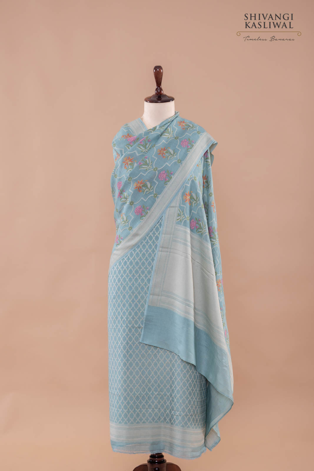 Powder Blue Handwoven Banarasi Moonga Silk Suit Piece