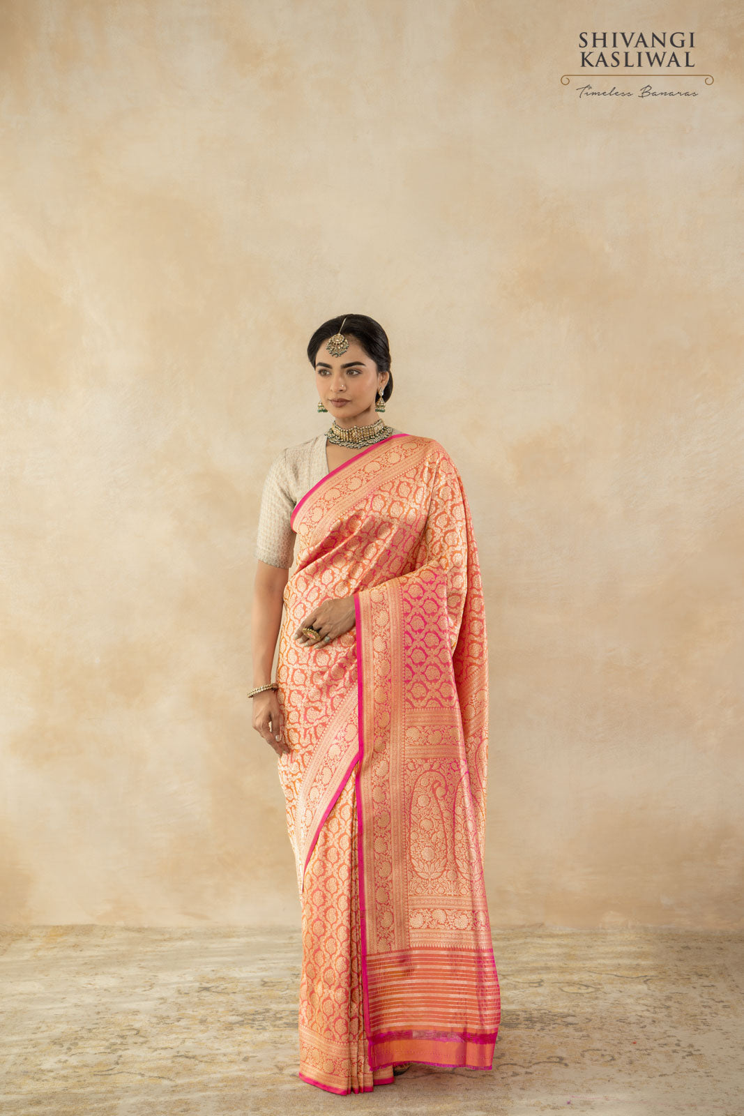 Pink Orange Handwoven Banarasi Silk Saree