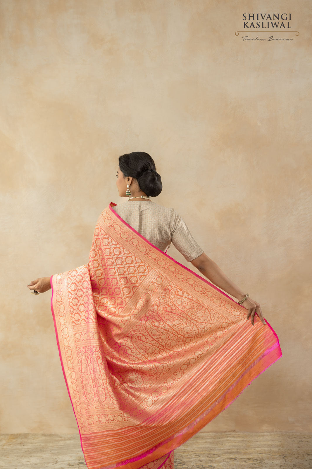 Pink Orange Handwoven Banarasi Silk Saree