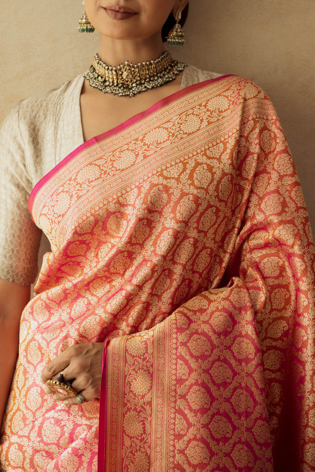 Pink Orange Handwoven Banarasi Silk Saree