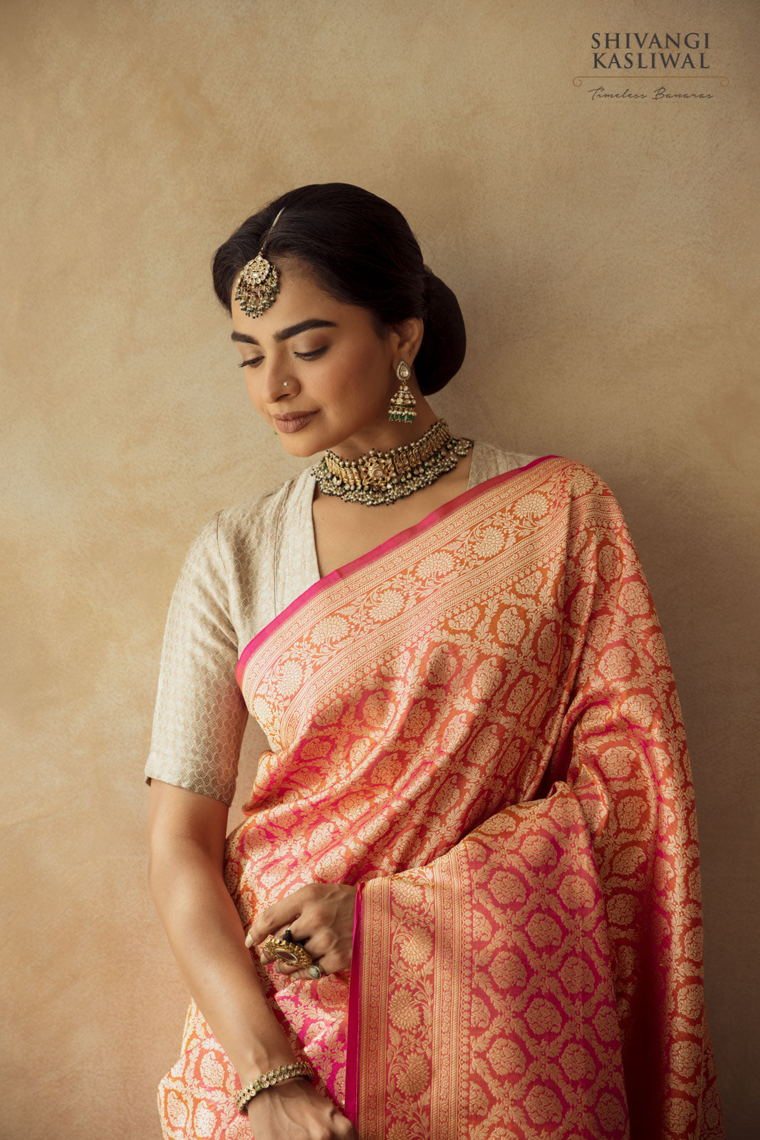 Pink Orange Handwoven Banarasi Silk Saree