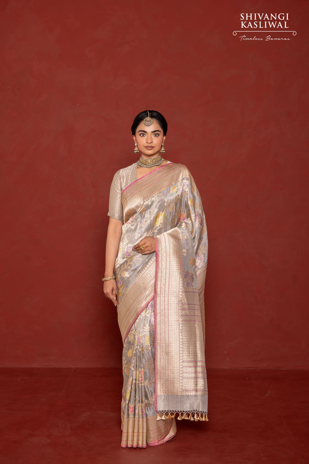 Grey Handwoven Banarasi Kadhua Silk Tissue Saree