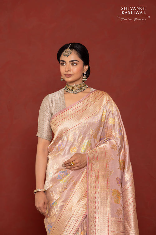 Baby Pink Handwoven Banarasi Kadhua Silk Tissue Saree