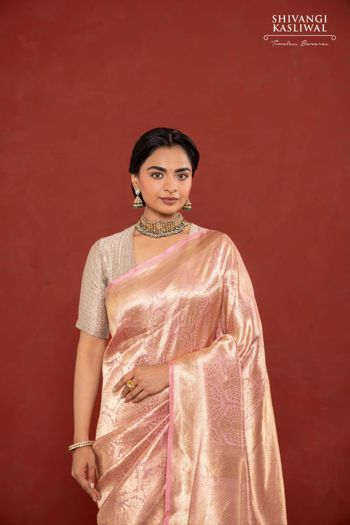 Baby Pink Handwoven Banarasi Silk Tissue Saree