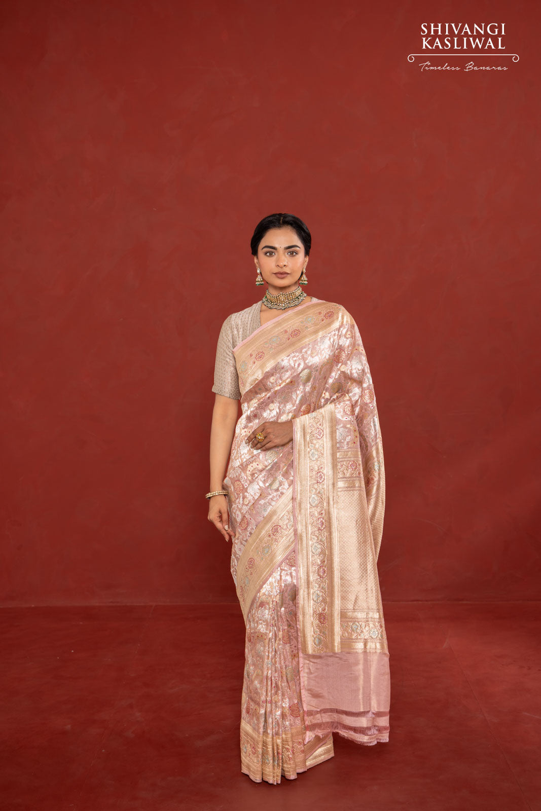Baby Pink Handwoven Banarasi Kadhua Silk Tissue Saree