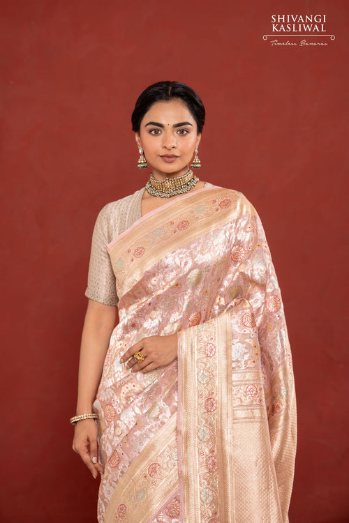 Baby Pink Handwoven Banarasi Kadhua Silk Tissue Saree