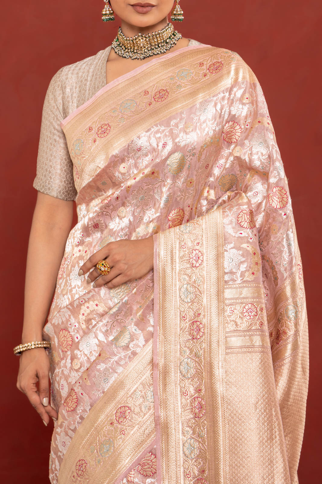 Baby Pink Handwoven Banarasi Kadhua Silk Tissue Saree