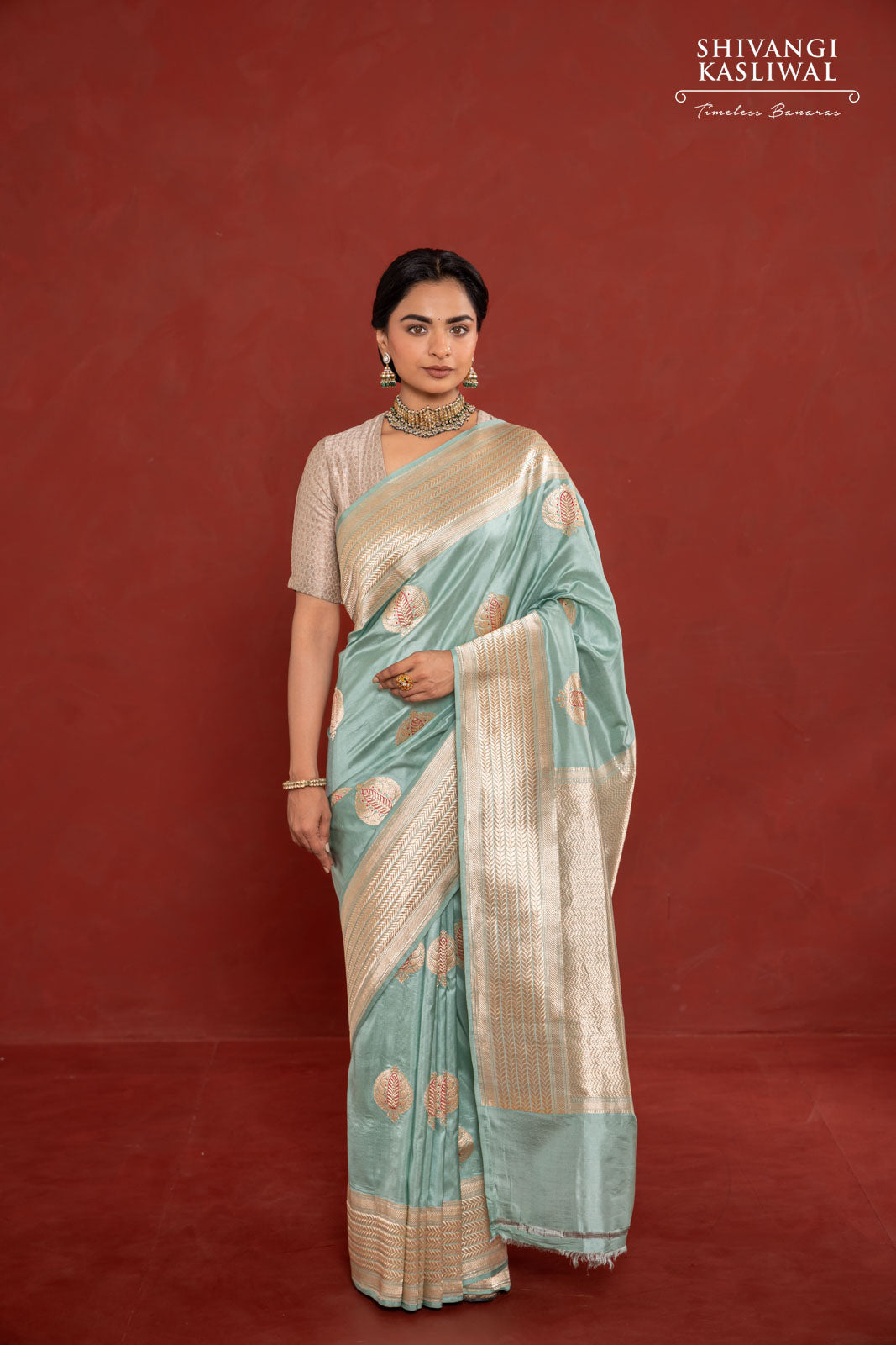 Mint Blue Handwoven Banarasi Kadhua Silk Saree