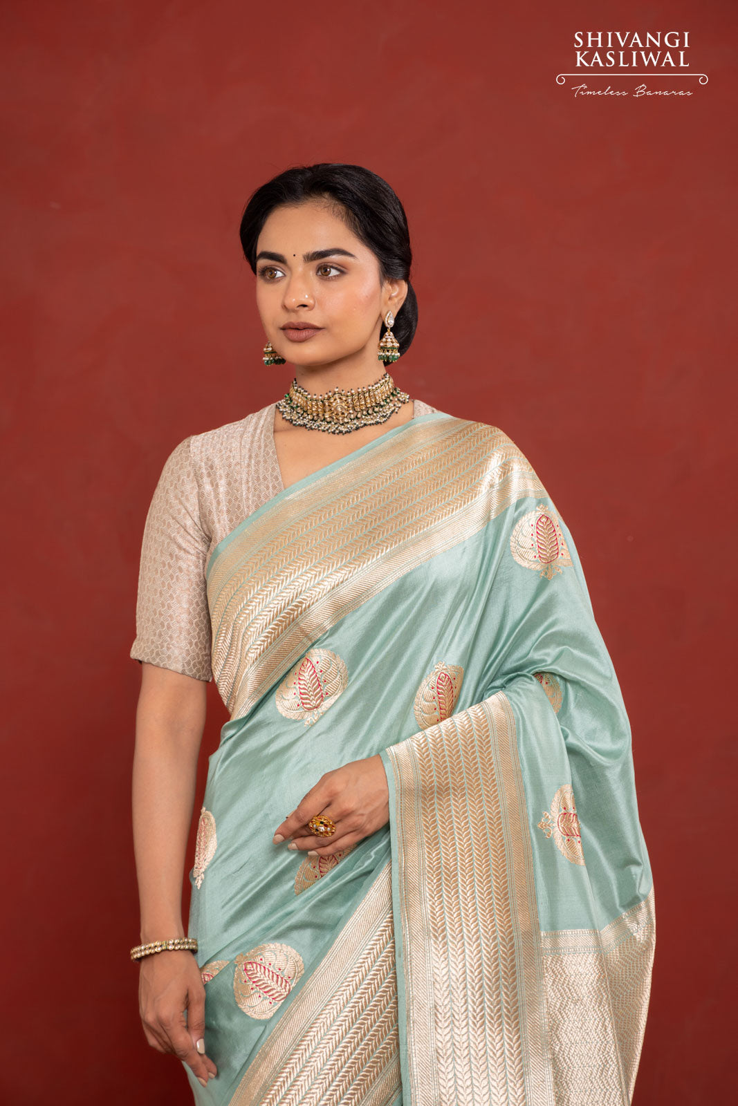 Mint Blue Handwoven Banarasi Kadhua Silk Saree