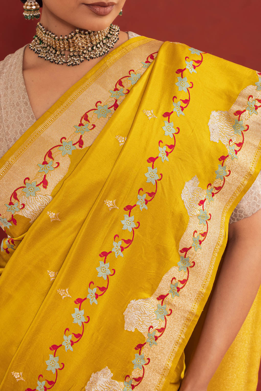 Greenish Yellow Handwoven Banarasi Kadhua Silk Saree