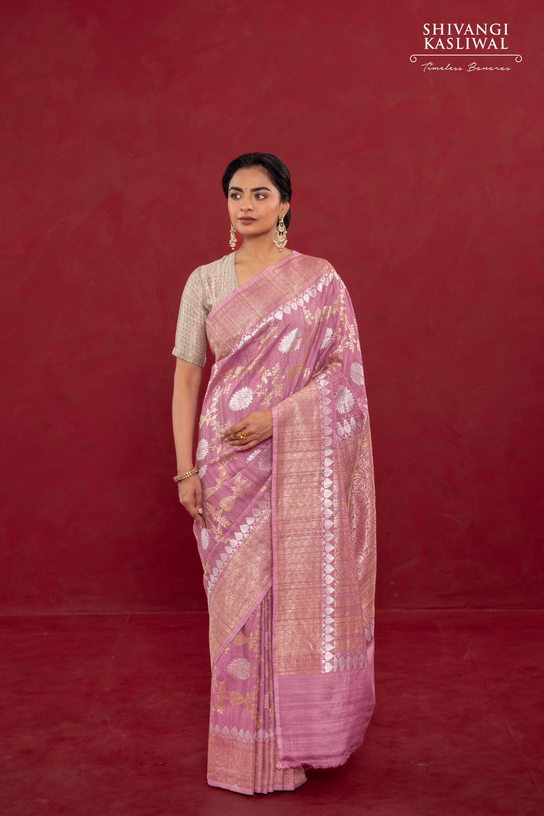 Onion Pink Handwoven Banarasi Kadhua Tussar Georgette Saree