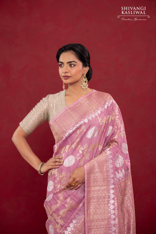 Onion Pink Handwoven Banarasi Kadhua Tussar Georgette Saree