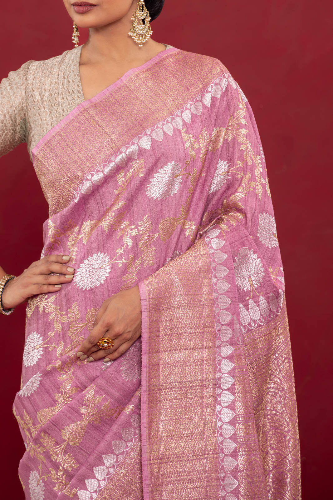 Onion Pink Handwoven Banarasi Kadhua Tussar Georgette Saree