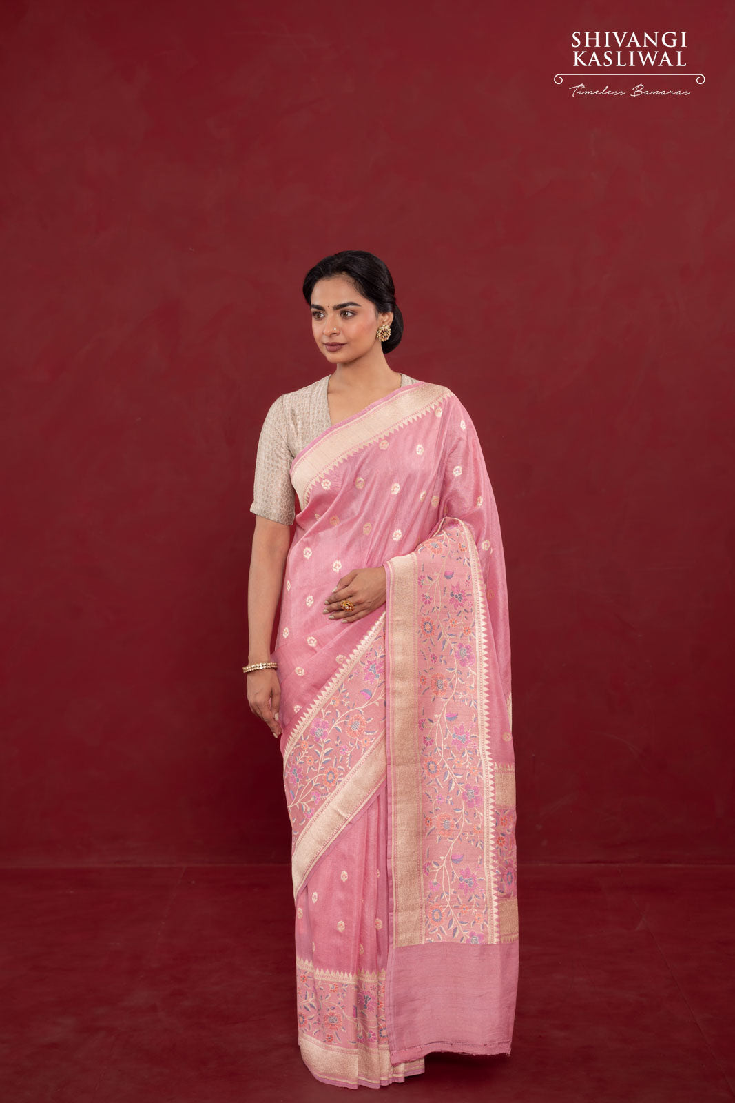 Pink Handwoven Banarasi Tussar Georgette Saree