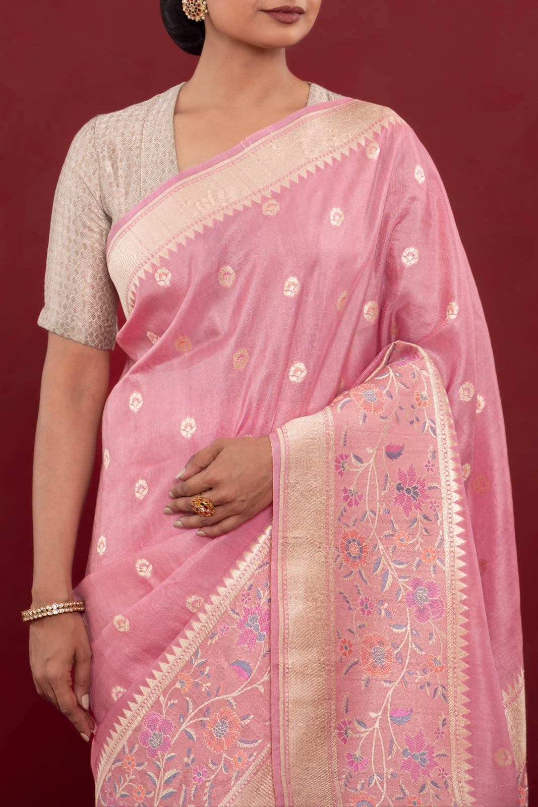 Pink Handwoven Banarasi Tussar Georgette Saree