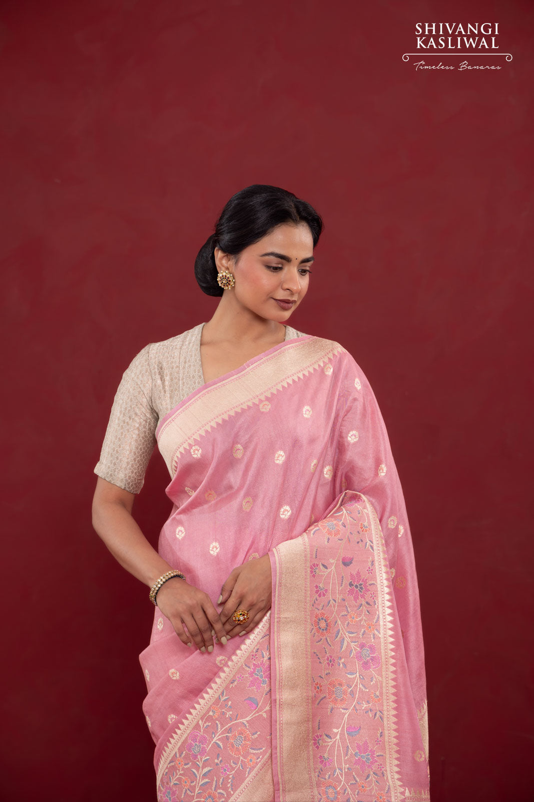 Pink Handwoven Banarasi Tussar Georgette Saree