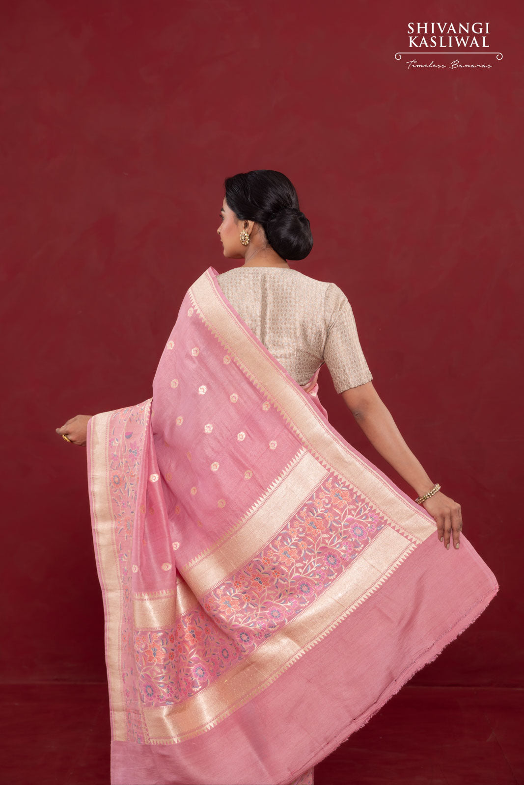 Pink Handwoven Banarasi Tussar Georgette Saree
