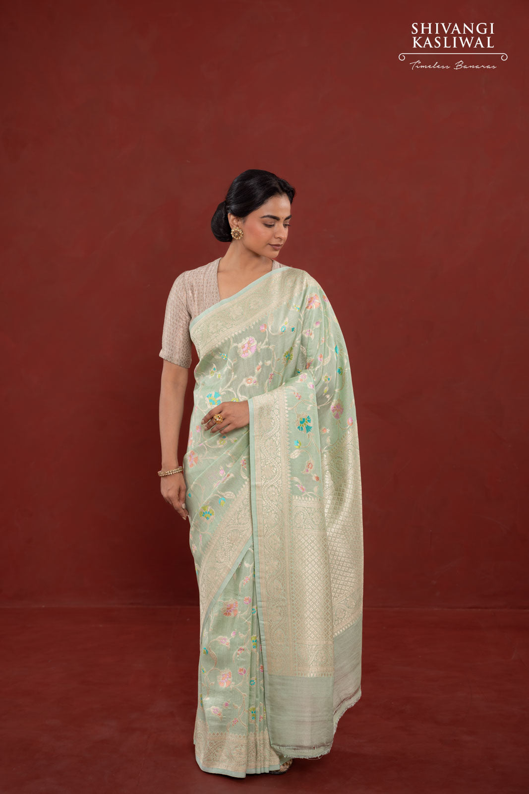 Mint Blue Handwoven Banarasi Tussar Georgette Saree