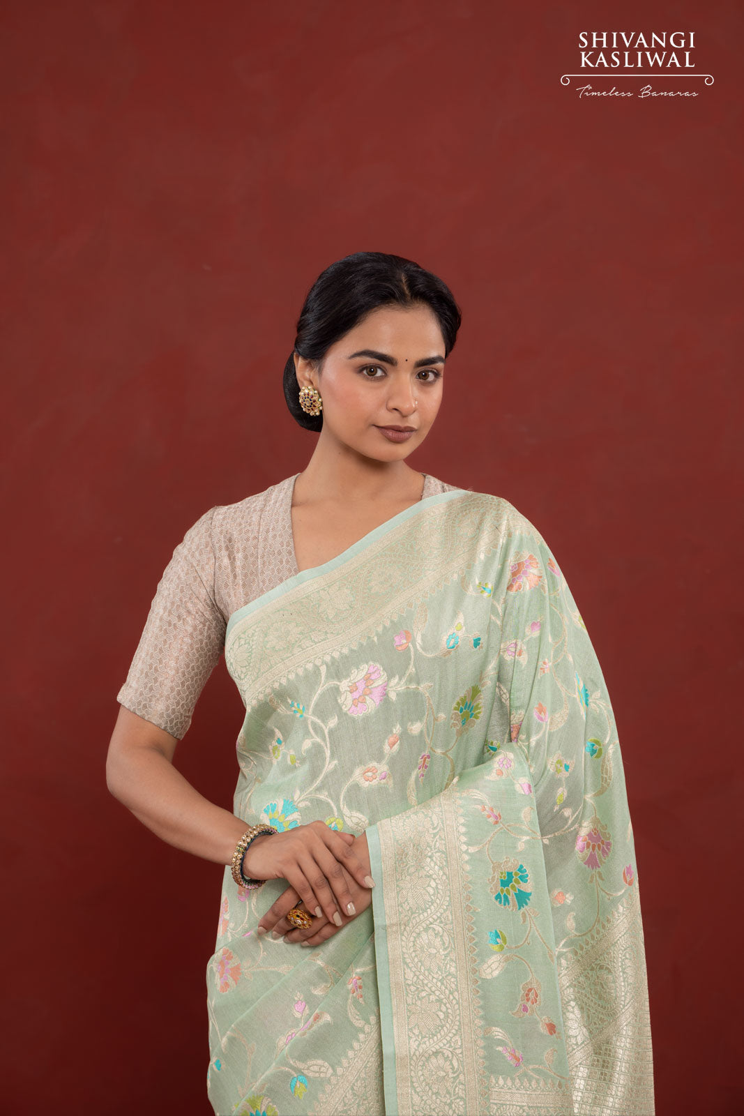 Mint Blue Handwoven Banarasi Tussar Georgette Saree