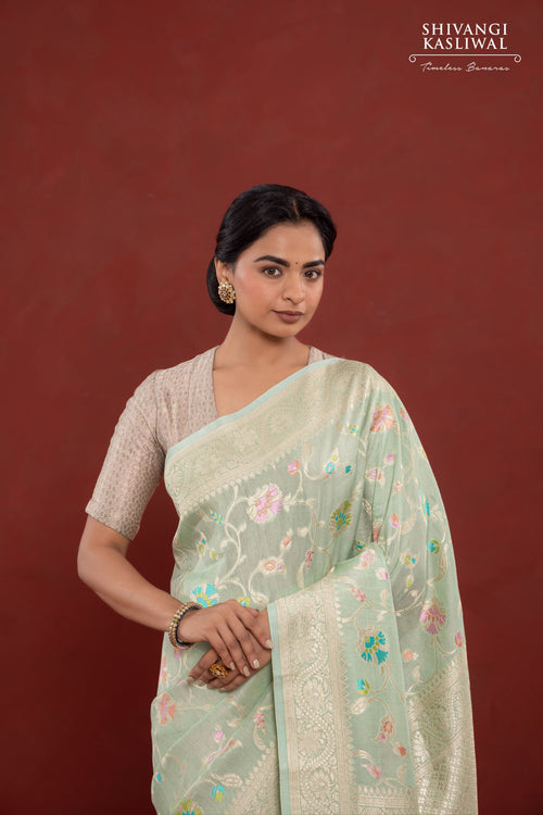 Mint Blue Handwoven Banarasi Tussar Georgette Saree