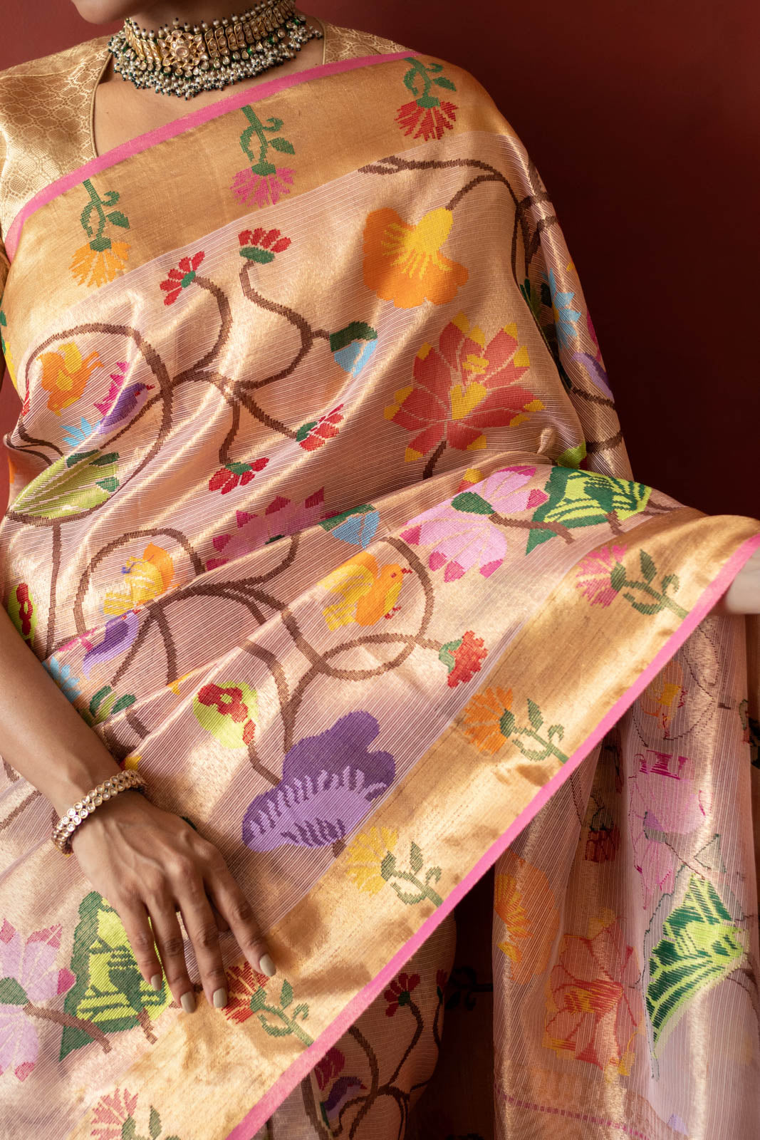 Baby Pink Kota Tissue Real Zari Saree