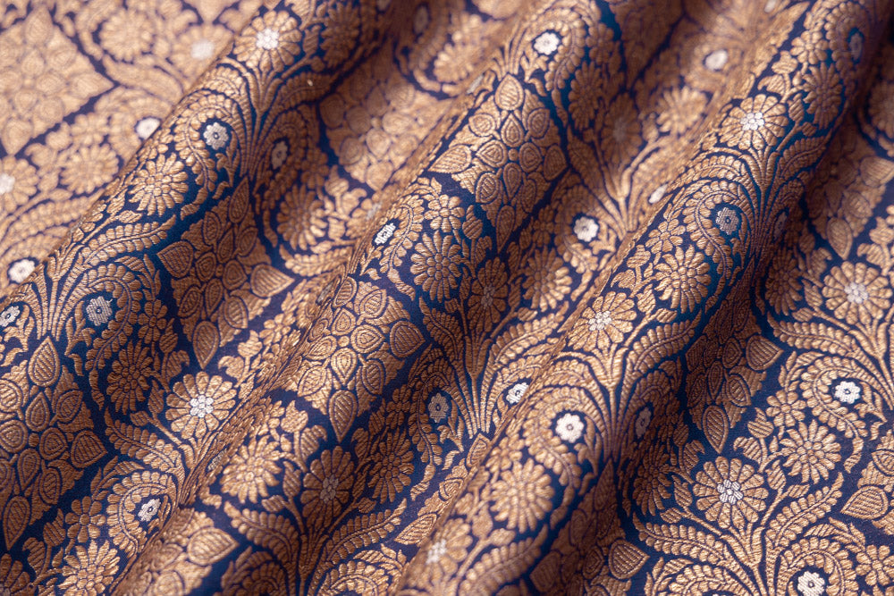 Navy Blue Handwoven Banarasi Brocade Fabric