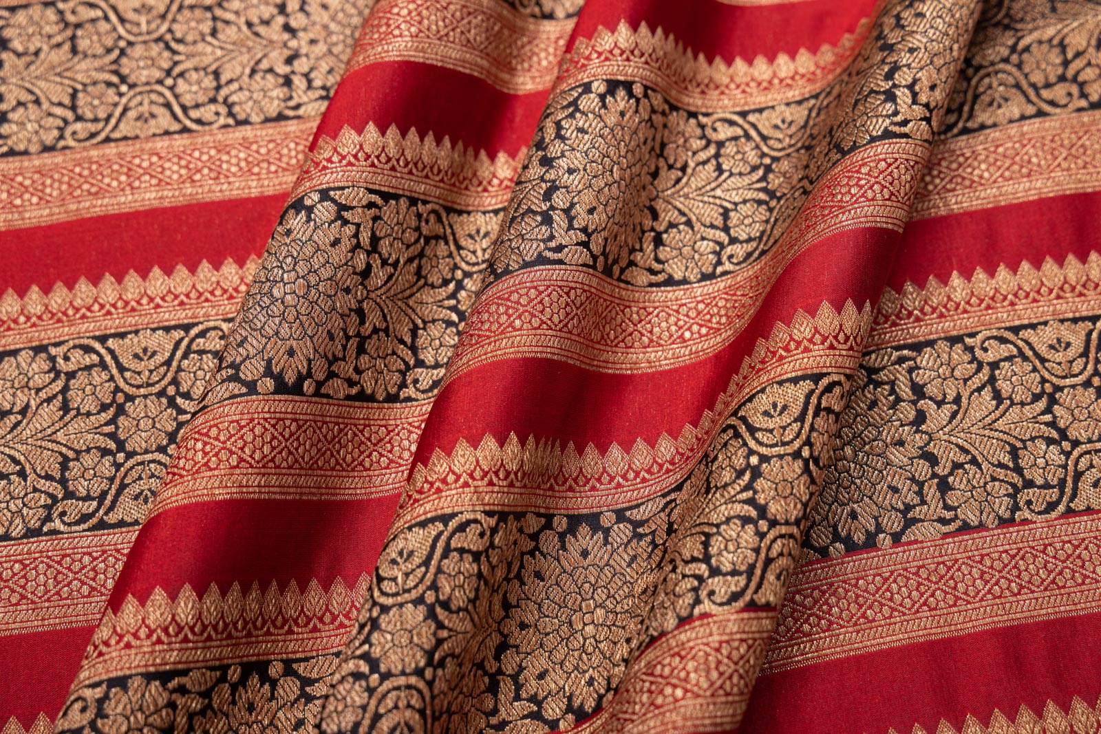 Red Black Handwoven Banarasi Silk Fabric