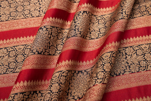 Red Black Handwoven Banarasi Silk Fabric