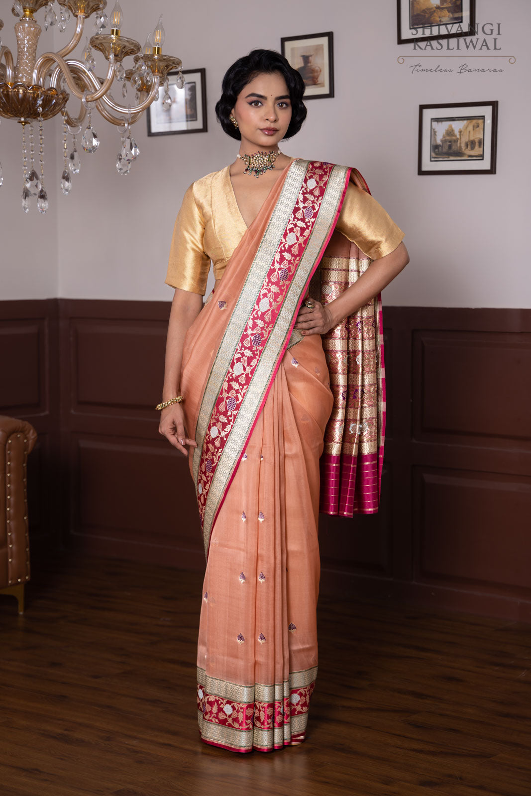 Peach Handwoven Banarasi Kadhua Organza Silk Saree