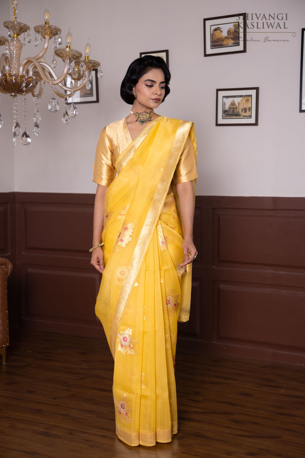 Yellow Handwoven Banarasi Kadhua Organza Silk Saree