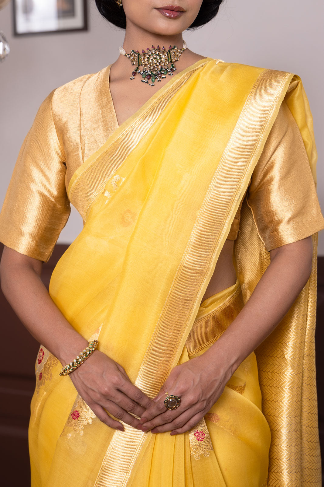 Yellow Handwoven Banarasi Kadhua Organza Silk Saree