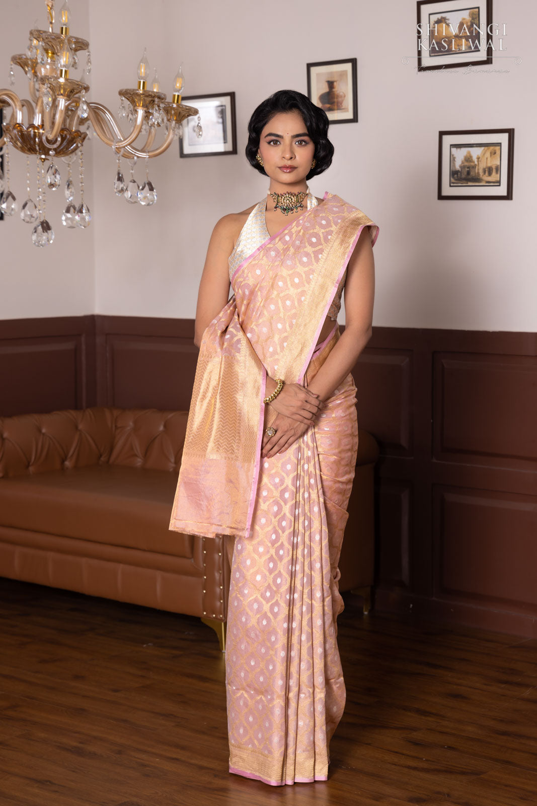 Baby Pink Handwoven Banarasi Tissue Silk Saree